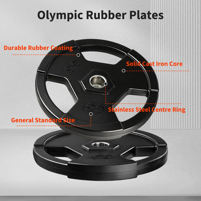 Rubber Grip Weight Plates Pair 55 LB, Cast Iron Core, Stainless Steel Ring, Triple-Handle Design for 2-Inch Barbell, Home Gym Strength Training, Floor Protection, Quiet Lifts