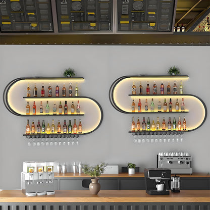 amhricho Wall Mounted Wine Rack with LED Light, Half Round Multi Tier Wine Rack with Wine Glass Hooks, Iron Wine Bottle Display Rack for Kitchen, Bar, Cafe (Black, 94.5 * 7.87 * 47.2INCH)