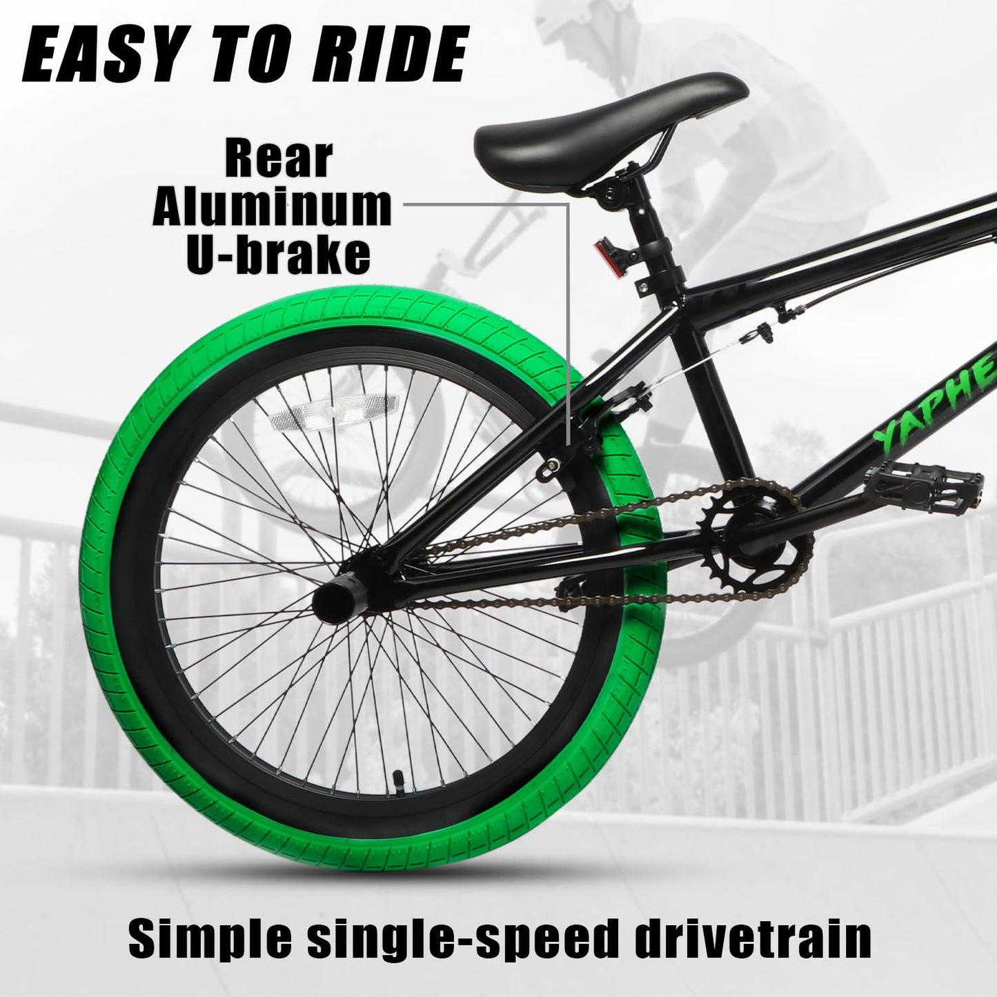 cubsala Freestyle BMX Bike, 20 Inch Yaphet Bicycle for Teen Beginner Adult Riders, Bike with 360° Rotating Handlebar and 4 pegs, Black with Green Tires