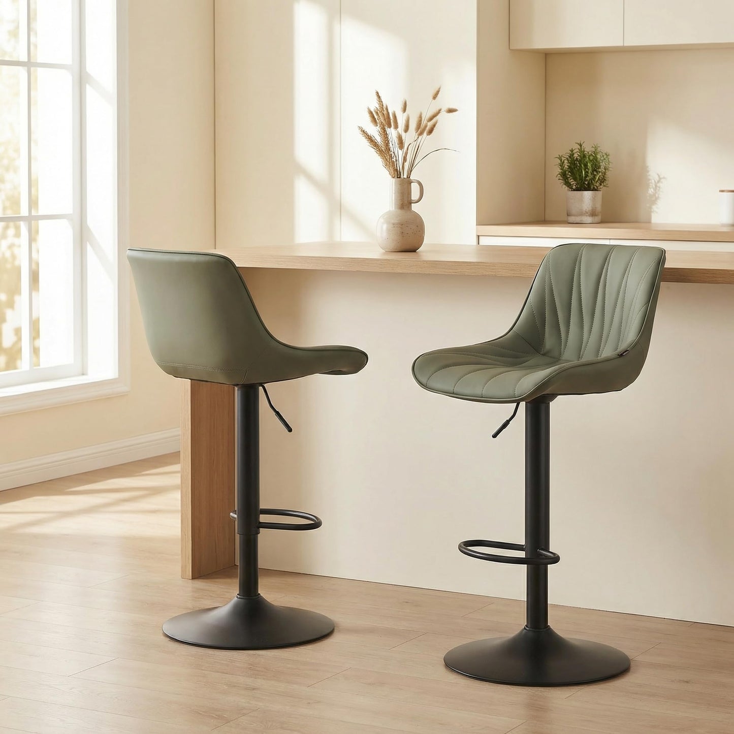 YOUNIKE Bar Stools Set of 2, Faux Leather Padded Bar Stool Counter Height Swivel Bar Chairs, Adjustable Barstools with Back for Kitchen Island, Modern Tall Bar Stools, Olive Green