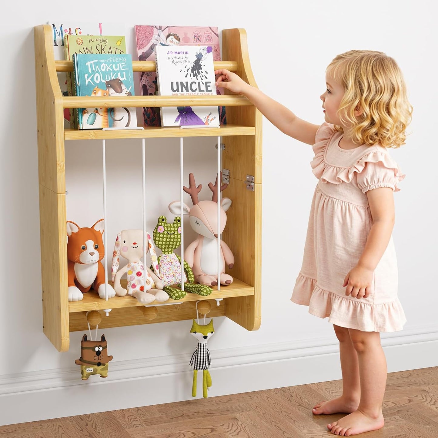 2-Tier Wall-Mounted Kids Bookshelf, Bamboo Floating Nursery Book Shelf, Picture Ledge Shelf for Wall Decor and Storage
