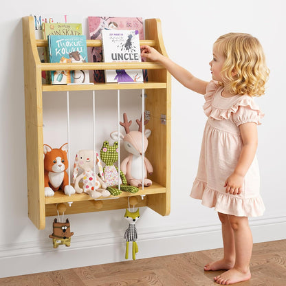 2-Tier Wall-Mounted Kids Bookshelf, Bamboo Floating Nursery Book Shelf, Picture Ledge Shelf for Wall Decor and Storage