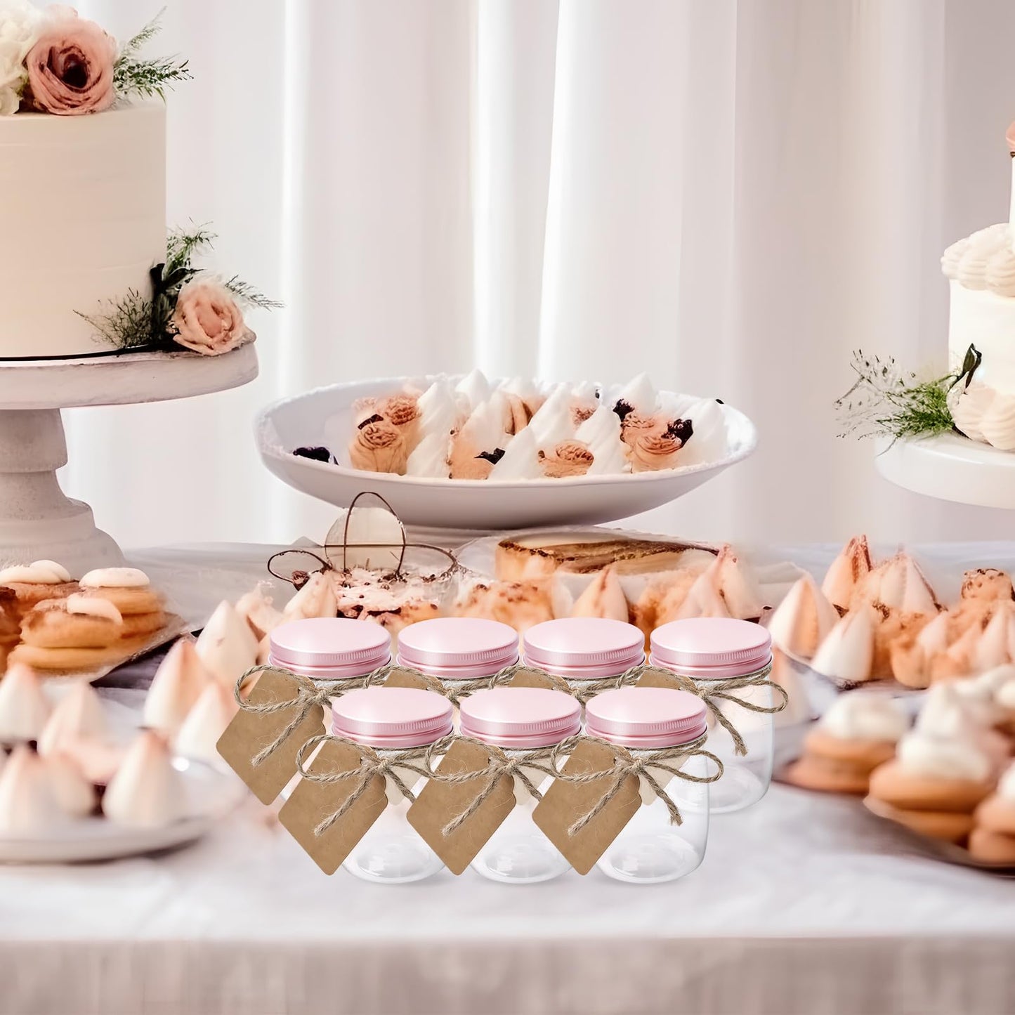 SENONAPO 84 Pack 5 oz Plastic Jars with Labels and Craft Twine, Aluminum Lid Yogurt Containers with Lids Bulk, DIY Small Gift Jars for Wedding, Birthday, Halloween, and Christmas Party Favors