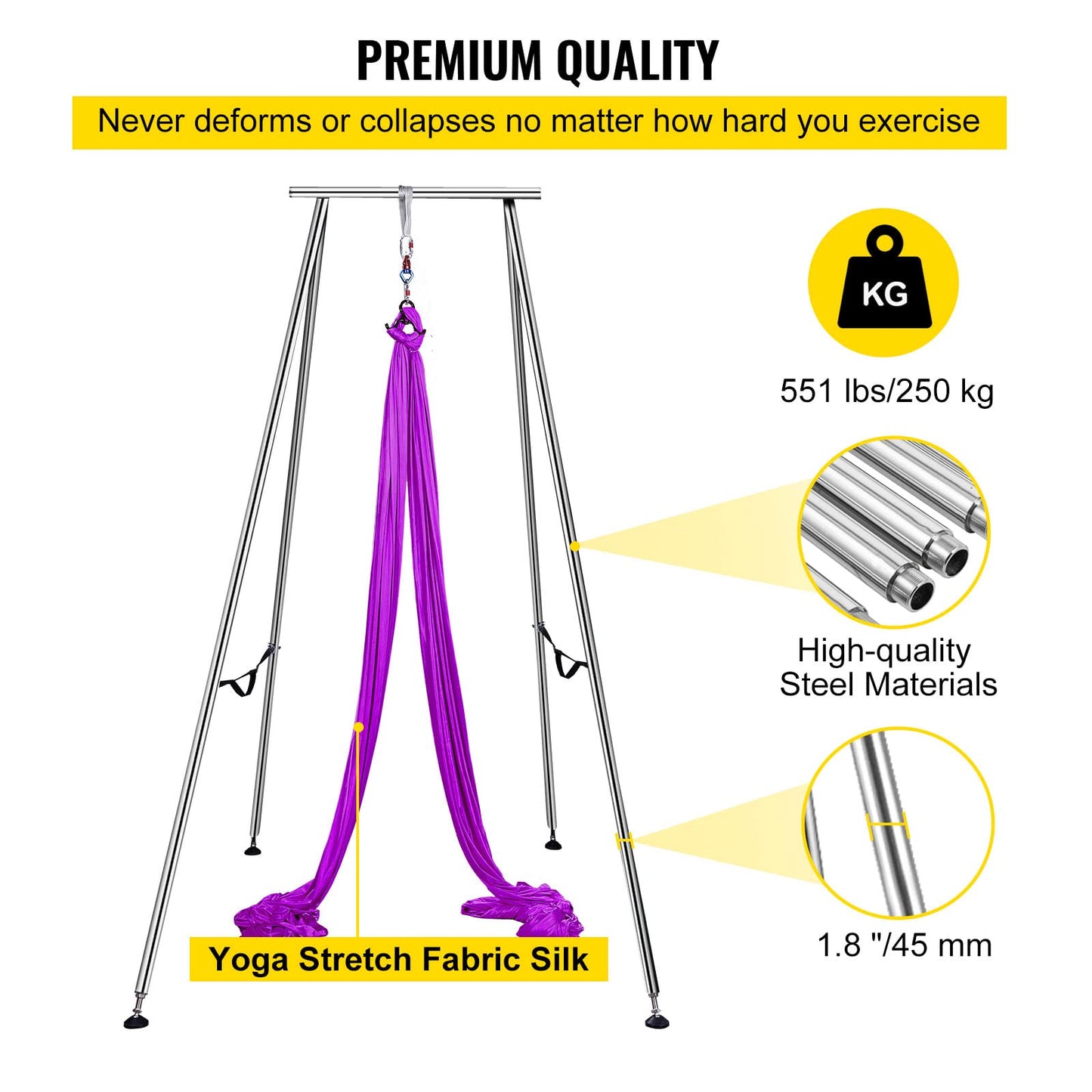 VEVOR Yoga Sling Inversion, 9.6 FT Height Inversion Yoga Swing Stand, Max Capacity 551 LBS Aerial Yoga Frame with 39.4 FT/12 M Yoga Swing Inversion Sling Body Bundle Safety Belts Purple