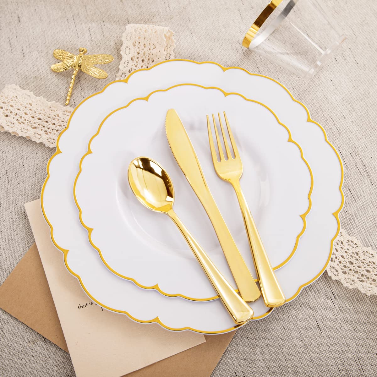 Morejoy 175PCS Gold Plastic Plates，White Gold Disposable Plates with Pre Rolled Napkins:25 Dinner Plates,25 Dessert Plates,25 Spoons,25 Forks,25Knives,25Cups,25Napkins for Party & Father's Day