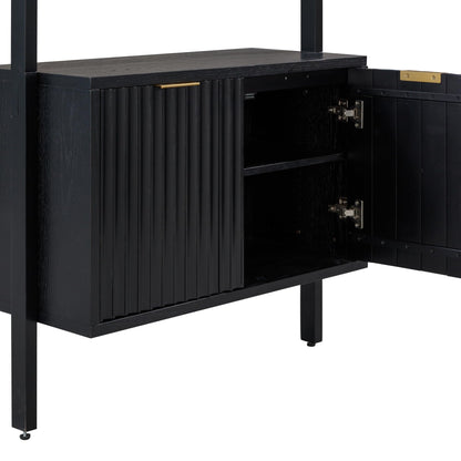 Nathan James Jasper 3-Shelf Solid Wood Boho Bookshelf, Wall Mounted Bookshelf with Cabinet with Fluted Doors, Black Oak