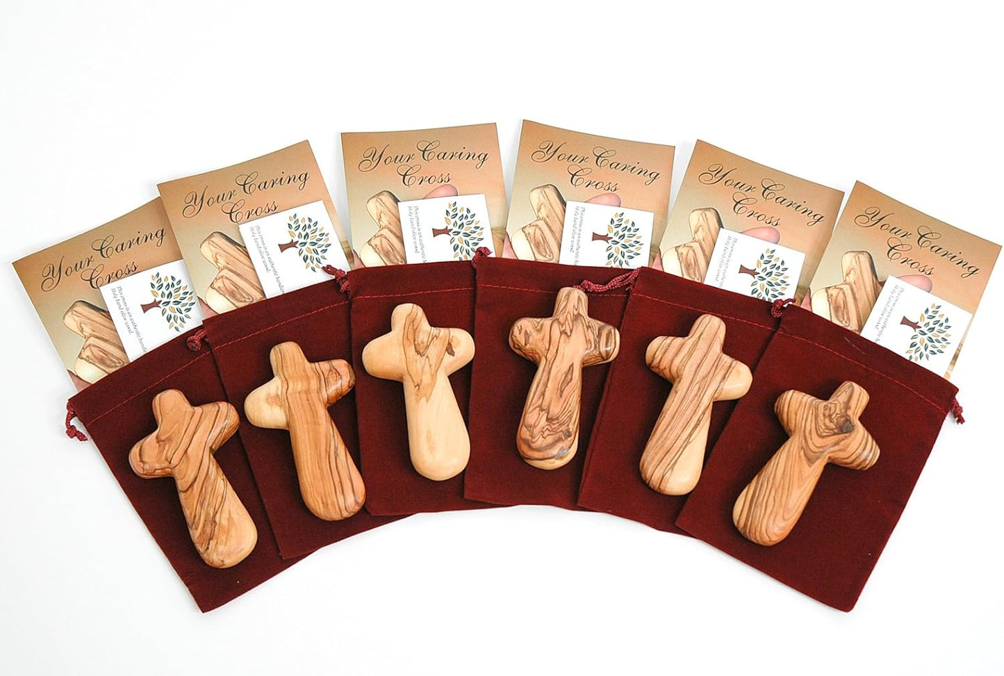 6 Olive Wood Holding Crosses with Velvet Bag & Certificate