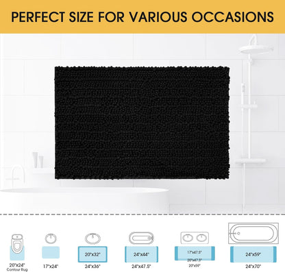 Upgrade Luxury Black Bathroom Rug Mat, 17"x47.5", Ultra Soft Thick Absorbent Non-Slip Chenille