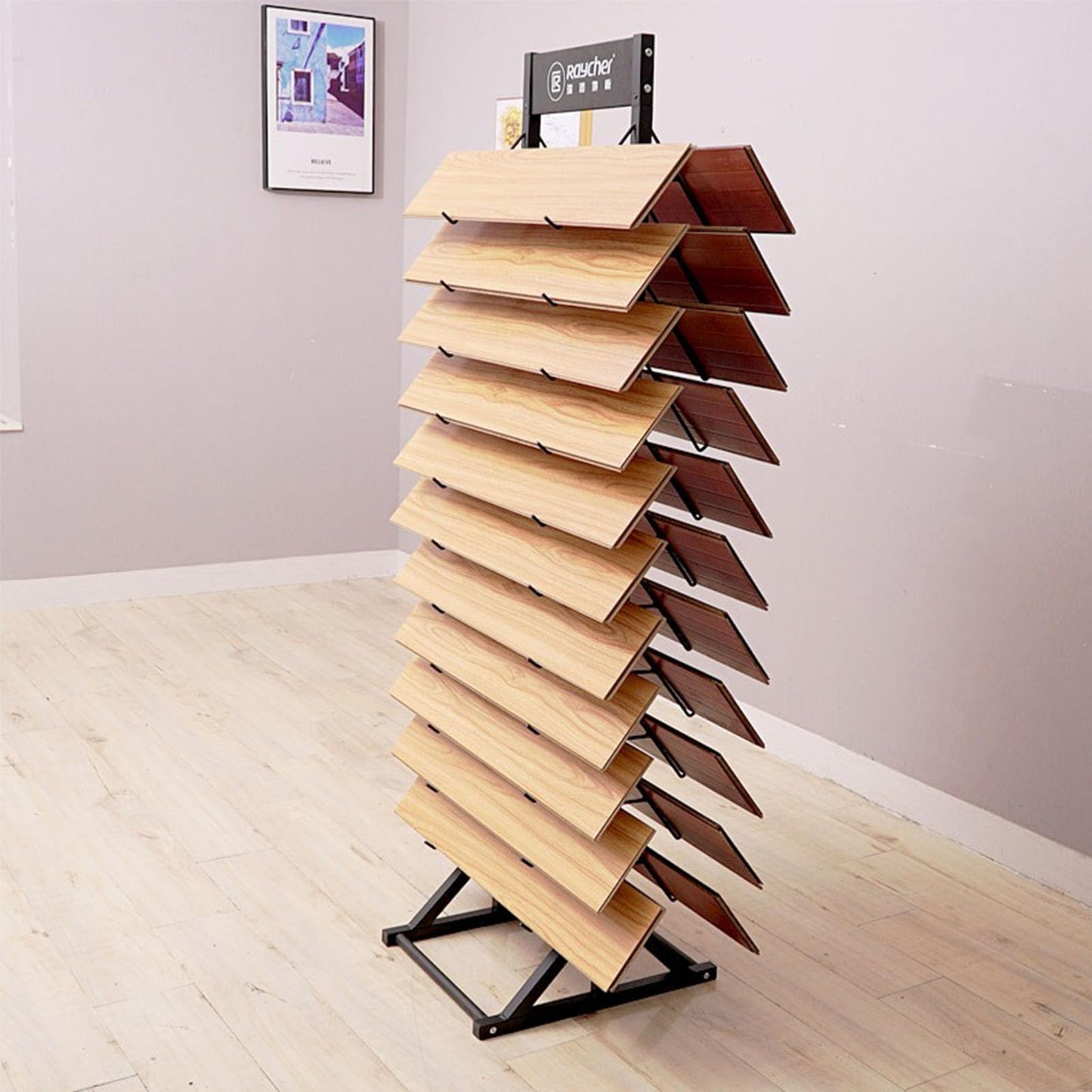 KOMFGT Metal Ceramic Tile Retail Display Rack,Wooden Floor Sample Holder Skirting Standing Slotted Flooring Display Shelf,Aluminum Gusset Skirting Sample Holder(Double-Sided18Pcs(Hookl305Mm))