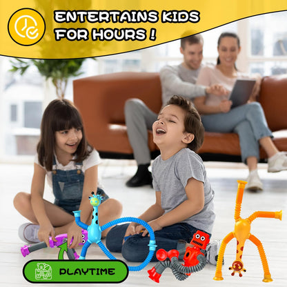 Robot Sensory Travel Toys 4Pcs for Toddlers Kid Boy Year Old Ages 3 4 5 6 7 8 9, Airplane Activities Suction Autism Pop Tube Fidget Toys Autistic Stocking Easter Basket Stuffer Valentine Gift for Kids