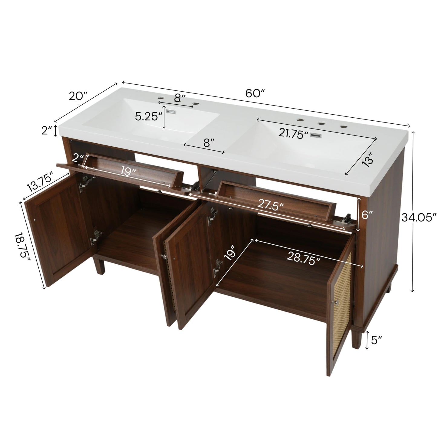Merax 60 Inch Bathroom Vanity with Double Sink (SMC Sink), Large Storage Space with 2 Tip-Out Trays/Flip-Out Drawers and 4 Soft Closing Doors, Solid Wood Legs and Silver Metal Knobs, Brown