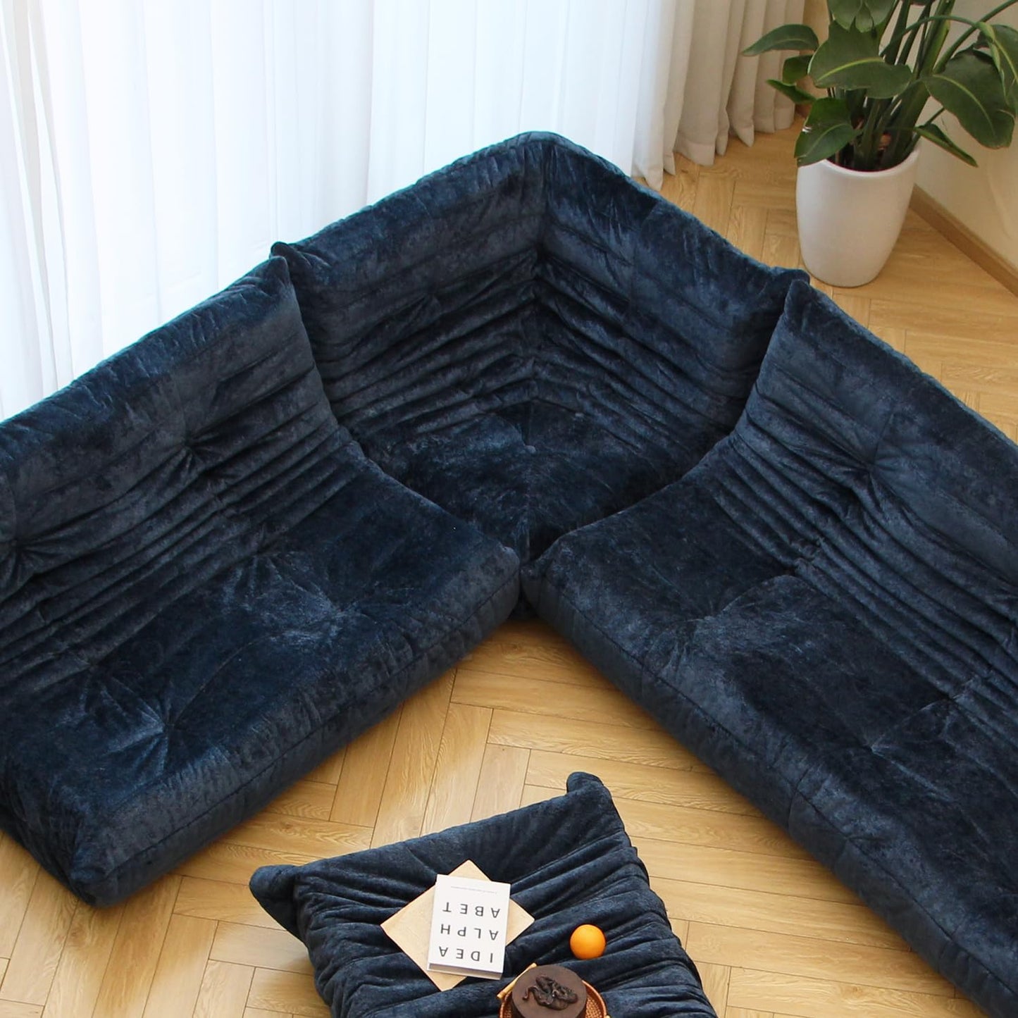 N&V Soft Premium Chenille Floor Lounge Chair, Mid Century Armless Floor Sofa, Foam Sofa Accent Chair for Living Room Bedroom and Office (Blue, Corner Chair)