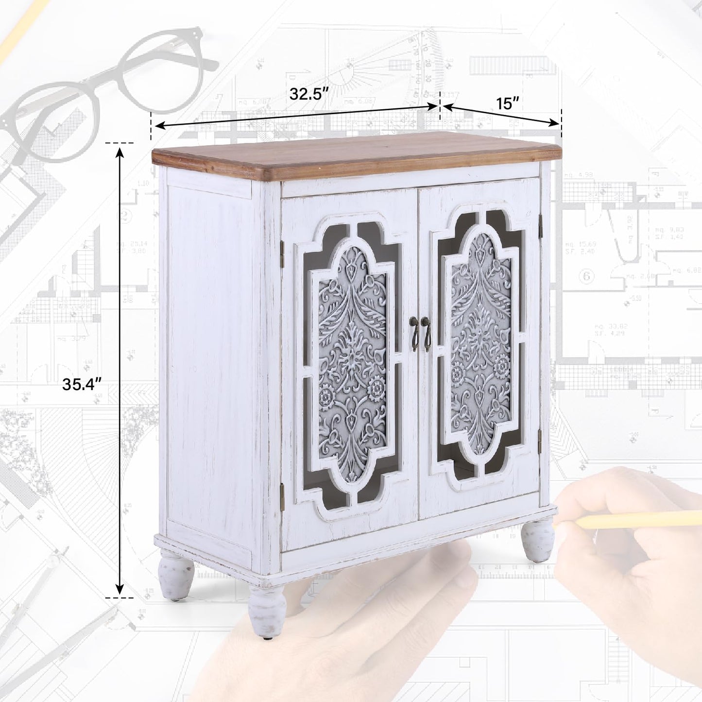 MAISON ARTS Accent Cabinet with 2 Doors, Farmhouse Decorative Storage Cabinet with Solid Wood Frame & Legs for Living Room Entryway Small Sideboard Buffet Cabinet, Metal Embossing Pattern