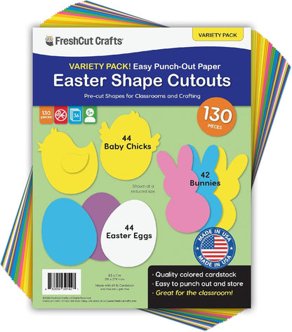 130 2-Sided Pieces Eggs, Baby Chicks & Bunny Punch Out Paper Cutouts for Easter Decorations, US Made Card Stock cutouts