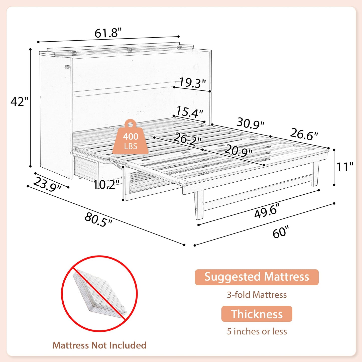 DNYN Queen Size Murphy Bed Frame with Storage Drawer for Bedroom/Guest/Study Room, Space-Saving Foldable Bed with Rattan Decoration, No Box Spring Needed & Easy Assemble