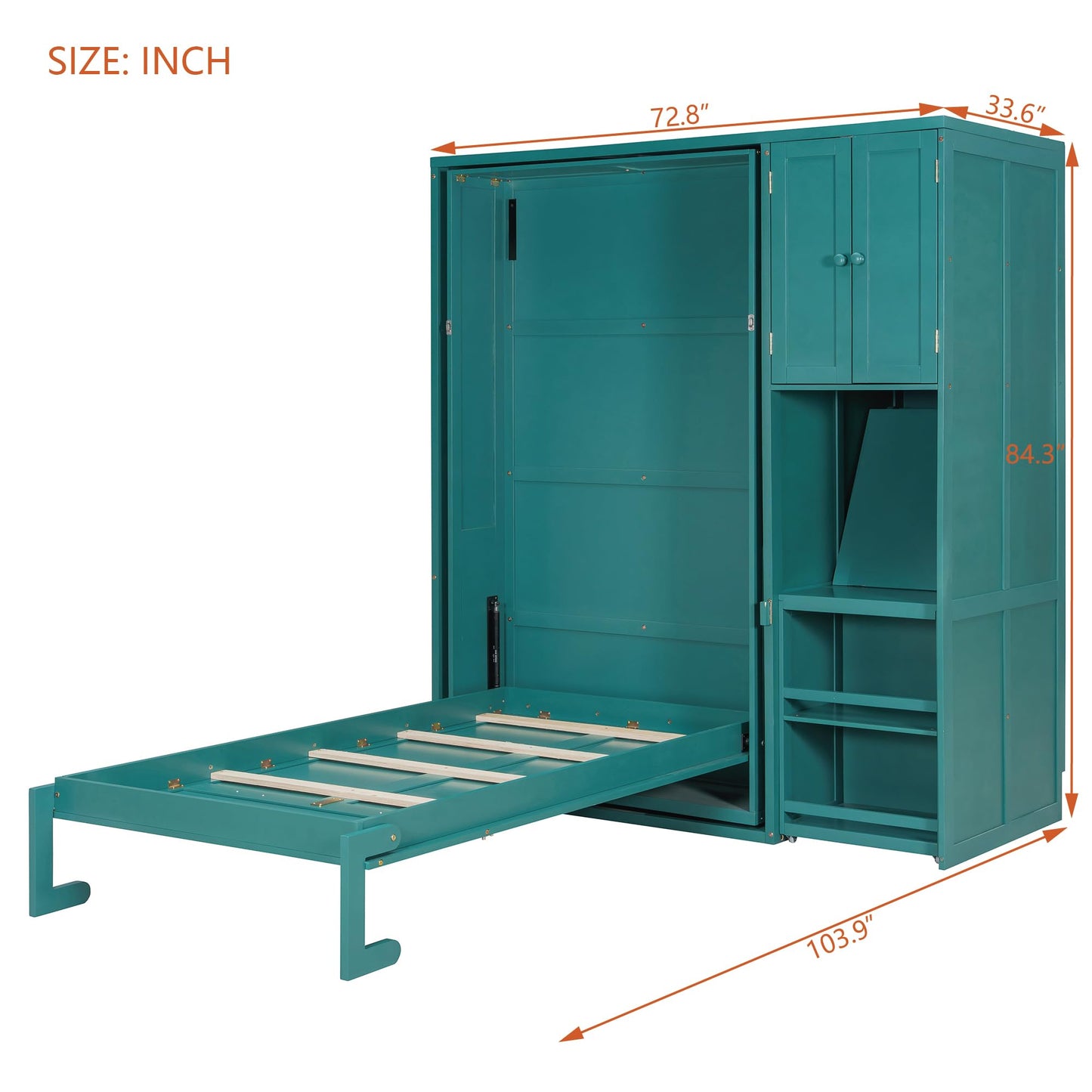 Merax Twin Size Rotating Wall Murphy Beds, Wood Folding Murphy Wall Bed with Bookshelf, Top Cabinet, Extendable Desk & Side Storage, Teal