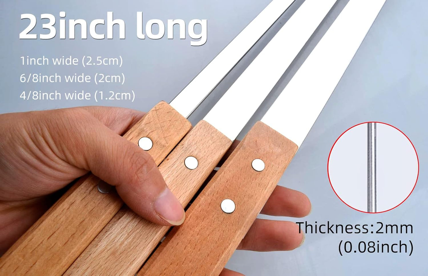 kaorou 23 Inch Long,1 Inch Kebab,Set 7 Kabob Skewers Wide Heavy Duty Stainless Steel with Wood Handle Perfect