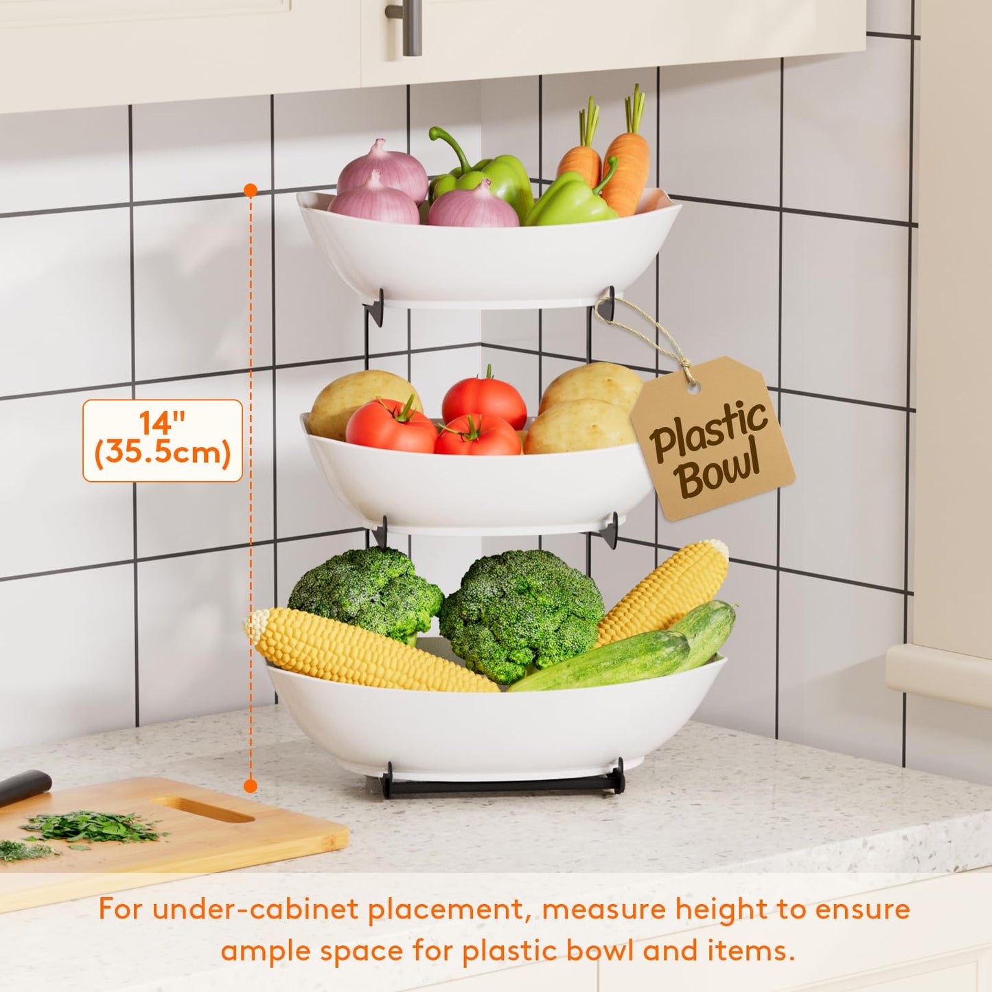 Lifewit Plastic Fruit Bowl for Kitchen Counter, 3 Tier Fruit Basket with Black Metal Stand, Tiered Fruit Holder for Countertop Serving Tray for Vegetable/Dessert in Party 28 x 21 x 35cm/11 x 8.4 x 14