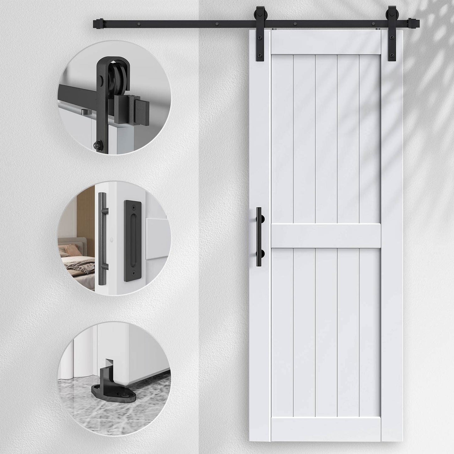 EaseLife 32 x 84 inch White Barn Door with 5.5FT Sliding Door Hardware Kit Included & Handle,Solid Wood Covered with Waterproof PVC Surface,DIY Assemblely,Easy Install,H-Frame,Fit 28-30in Wide Opening