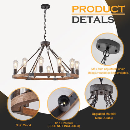 Benkut Farmhouse Wagon Wheel Chandelier 31" Black Rustic Light Fixtures 12-Light Wood Round Chandelier for Dining Room Living Room Entryway Foyer