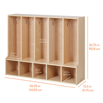 Back2School Express Sleekline 5-Section Toddler Coat Locker with Bench, Kids Furniture, Natural