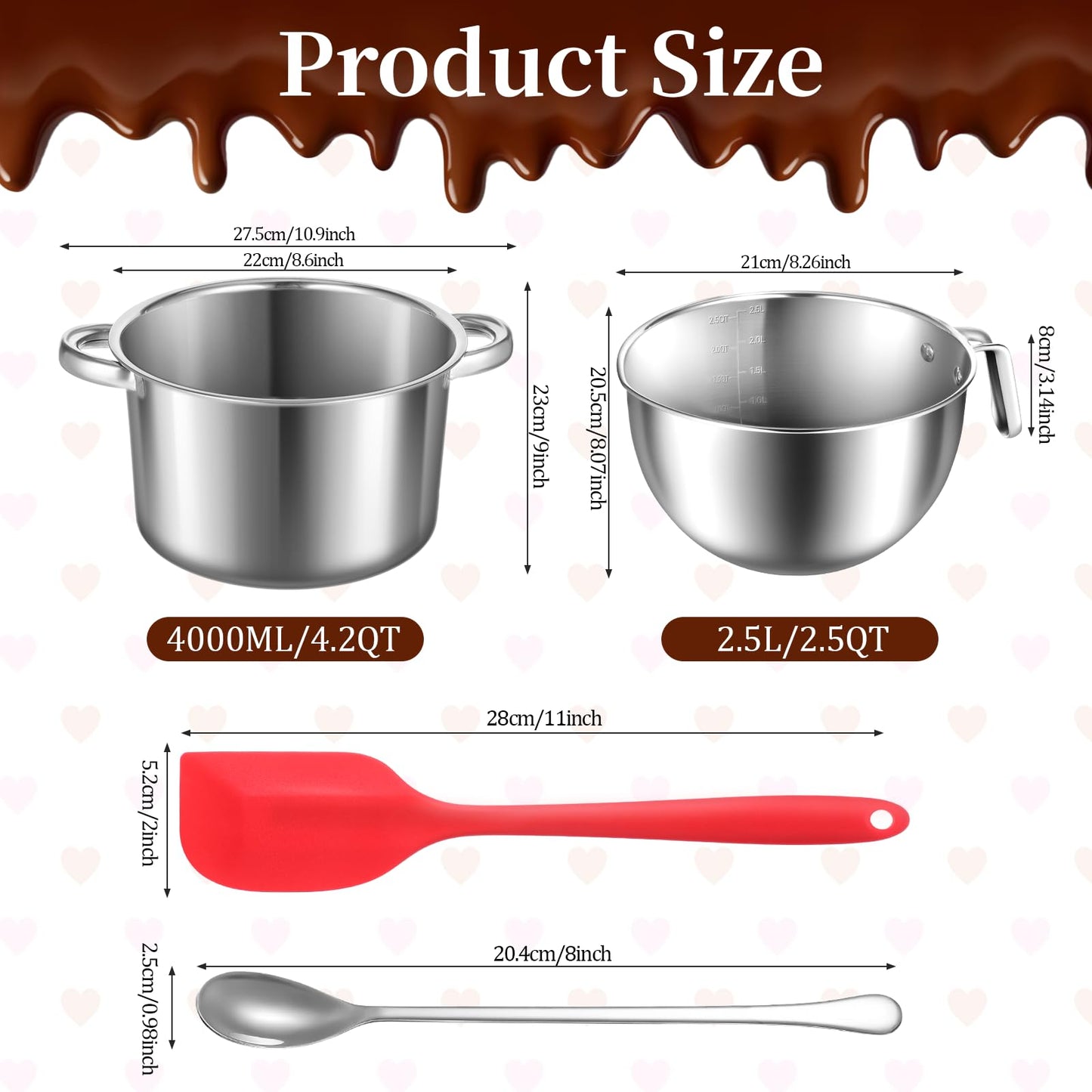 BOHUIZ 304 Stainless Steel Double Boiler with Spatula and Spoon, 4.2QT Dual-Handle Pot 2.6QT Melting Bowl with Scale and Handle Stackable Water Bath Melting Pot Set for Chocolate, Butter, Sugar, Wax