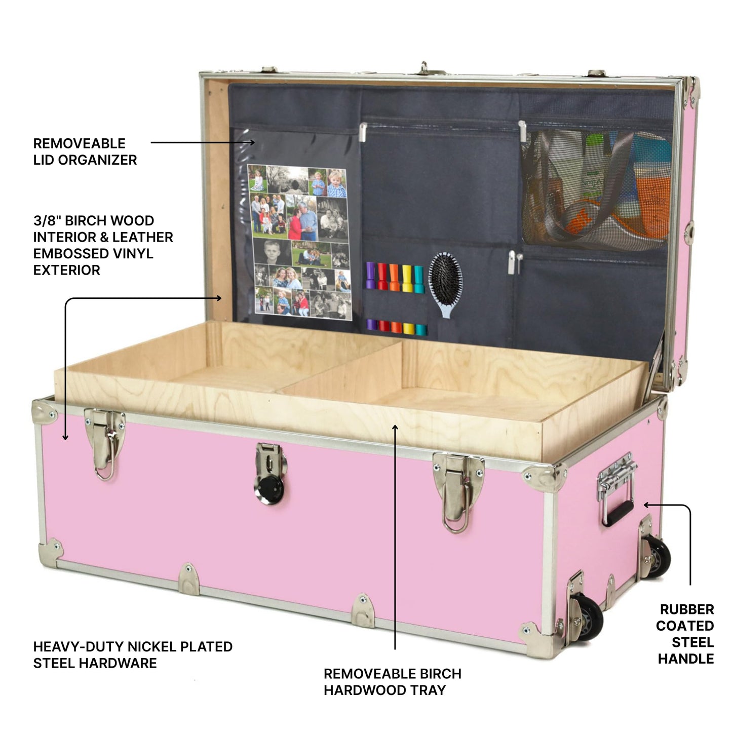 Large Essential Trunk With Wheels, Tray, & Lid Organizer - 32"x18"x14", 1000+ lbs Capacity. Strong, USA Made Summer Camp Footlocker, and Secure College Dorm Storage Chest