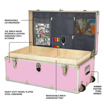 Large Essential Trunk With Wheels, Tray, & Lid Organizer - 32"x18"x14", 1000+ lbs Capacity. Strong, USA Made Summer Camp Footlocker, and Secure College Dorm Storage Chest