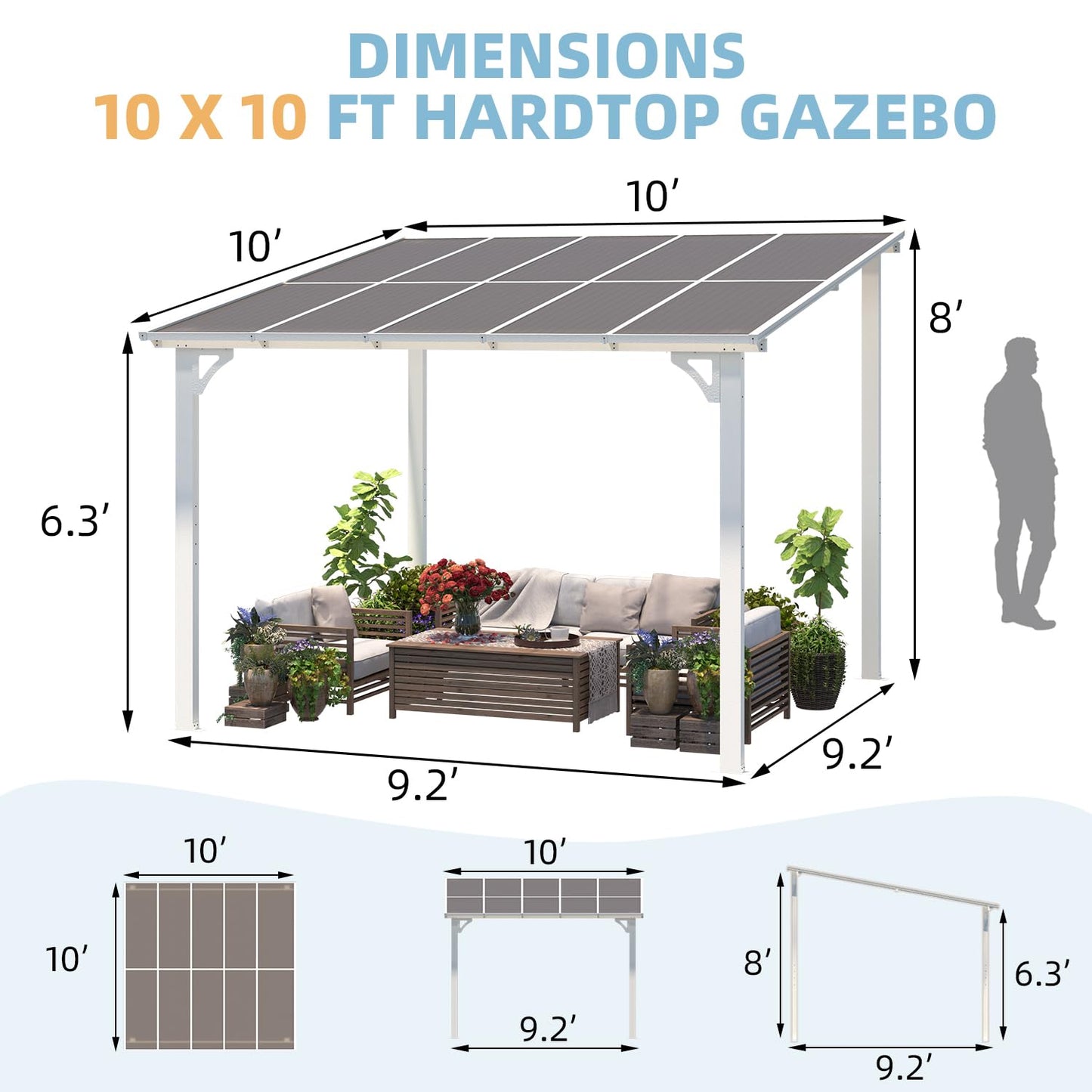 AECOJOY 10' x 10' Pergola Gazebo in White, Small Wall Mounted Pergolas and Gazebos on Clearance, Outdoor Patio Lean to Gazebo Metal Awnings for Deck, Porch, Backyard and More