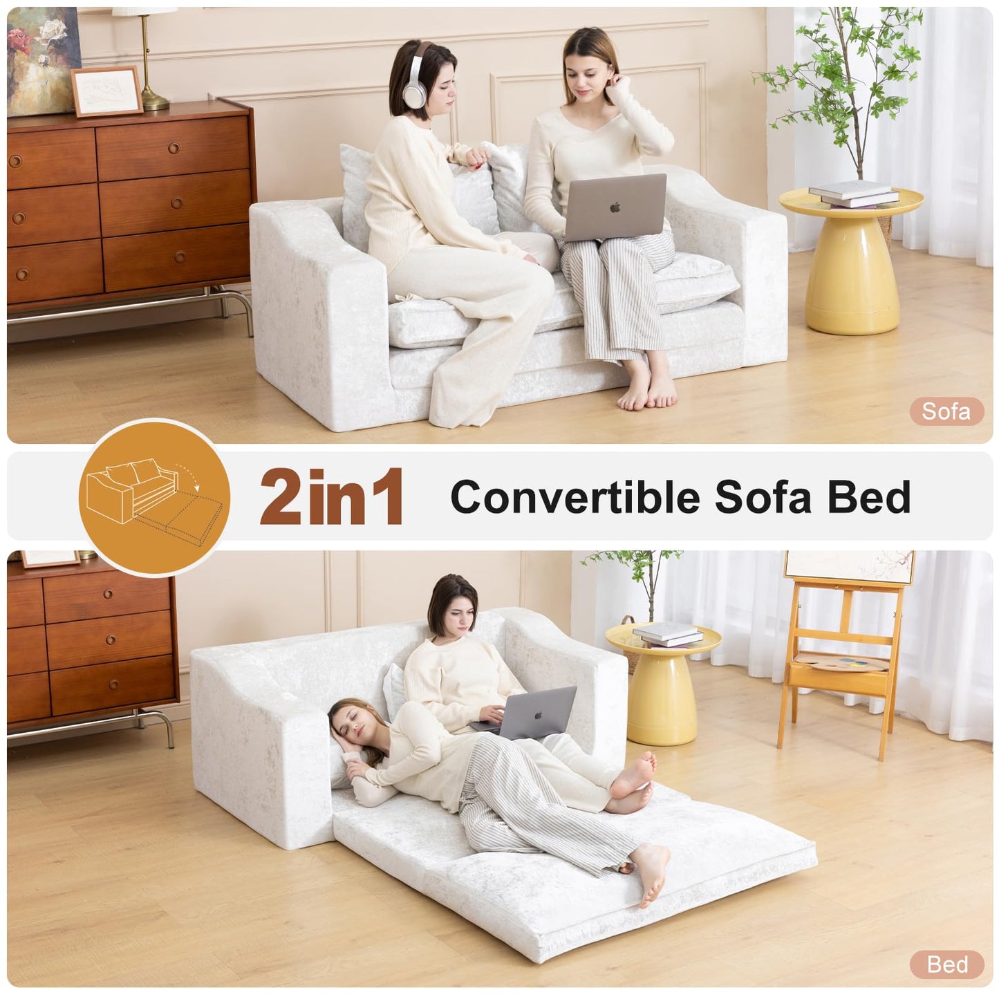61" Convertible Sofa Bed Loveseat, Memory Foam Boneless Floor Couch with Removable Plush Velvet Cover, Tri-folding Compact Full-size Sleeper for Small Living Room, Playroom, Guest Room, RV (Off White)