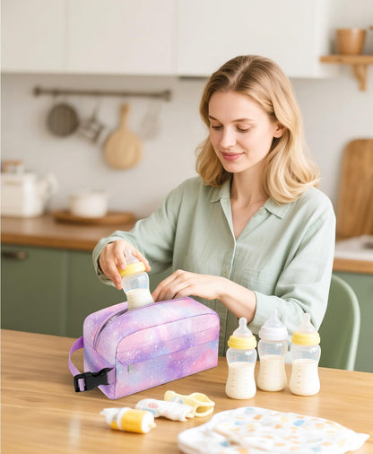Neverwhy Small Insulated Snack Bag Lunch Box,Collapsible Reusable Small Lunch Bag with Snap Buckle Handle for Beach Travel Picnic,Pink Starry Sky 5-Can(3L)