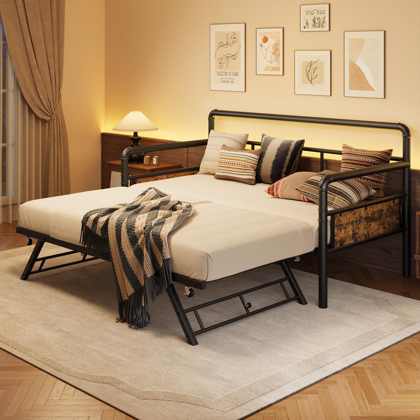 IDEALHOUSE Twin Daybed and Foldable Metal Trundle Bed, Metal Twin Bed Frame Heavy Duty Steel Slats Support,Sofa BedFrame for Living Room, Guest Room,Noise Free, Black