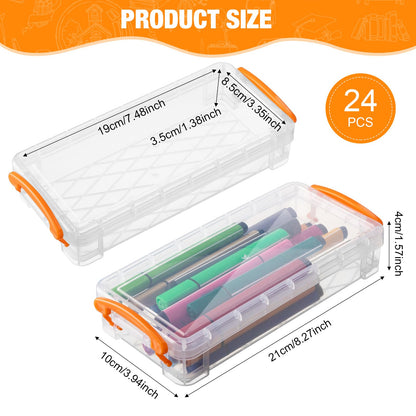 Gueevin 24 Pcs Large Capacity Plastic Pencil Box Clear Plastic Pencil Case Crayon Box with Snap Tight Lid Watercolor Pen Storage Brush Organizer Drawing Tools Container (Orange)