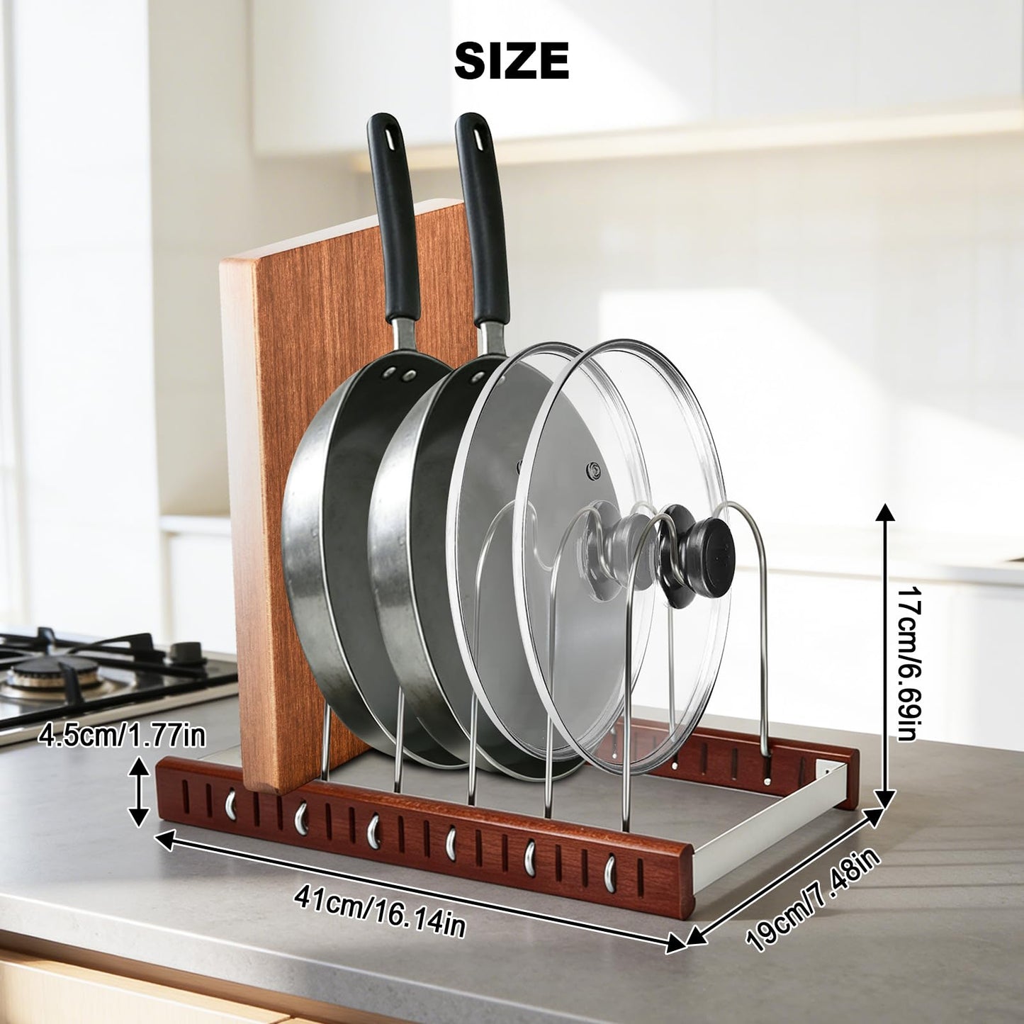 Pot Lid & Pan Organizer, Space-Saving Kitchen Cabinet Organizer W Oak Base & Self-Adaptive Flexible Design for Tray, Baking Sheet, Cutting Board, Cookware, Skillets - Cutting Board Holder Storage