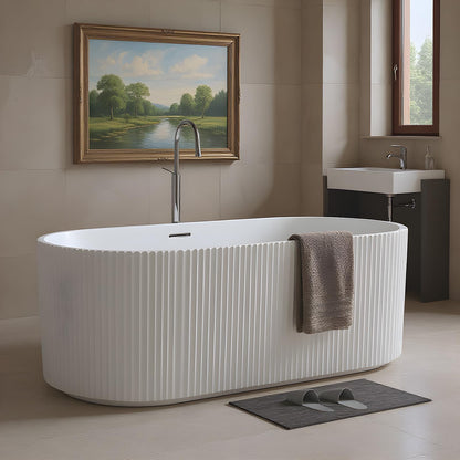 59" Acrylic Freestanding Bathtub, Modern Acrylic Soaking Bathtub, Freestanding Rectangular Tub with Matte Drain and Overflow, Ergonomic Deep Design, Double-Walled Insulation, CUPC Certified