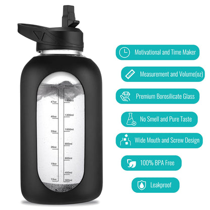 EALGRO 64 oz Glass Water Bottle With Straw and Handle, Half Gallon Sports Motivational Water Jug Flask with Silicone Sleeve, Large Water Cup with Time Marker for Travel, Gym, Black