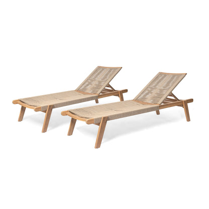 Christopher Knight Home Set of 2 Outdoor Patio Wood Adjustable Chaise Lounges with Rope Seating, Rope Chaise Lounge with Acacia Wood Frame, Chaise Lounge for Poolside, Balcony, Yard, Teak+Beige