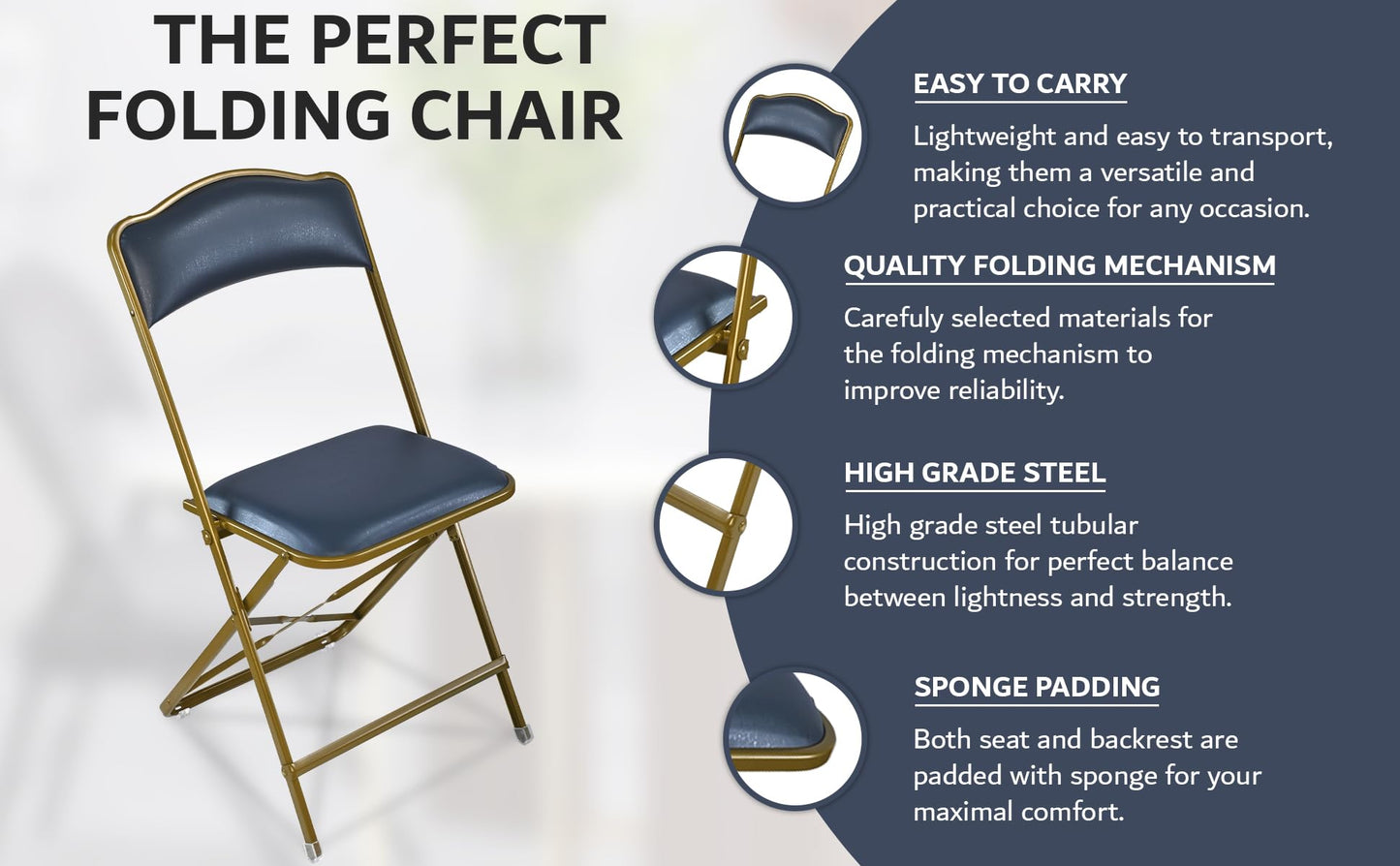 Folding Chairs with Padded Seats 4 Pack - Foldable Chair with Heavy-Duty Steel Frame, Elegant Party Bridge Chairs, Metal Chair for Outside, Home, Office, Indoor & Outdoor Events - Gold/Navy