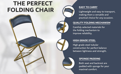 Folding Chairs with Padded Seats 4 Pack - Foldable Chair with Heavy-Duty Steel Frame, Elegant Party Bridge Chairs, Metal Chair for Outside, Home, Office, Indoor & Outdoor Events - Gold/Navy