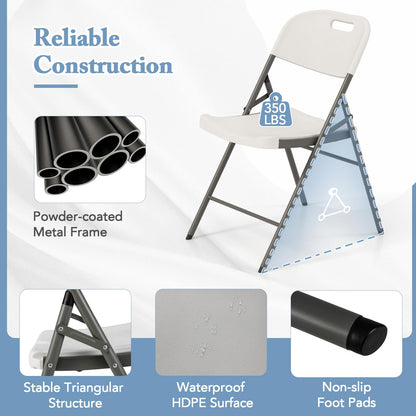 COSTWAY 12 Pack Folding Chairs, Stackable Plastic Chairs w/Waterproof Seat, Heavy-Duty Metal Frame, Handle Slot, 350 LBS Capacity, Portable Indoor Outdoor Event Chairs for Office Wedding Party, White