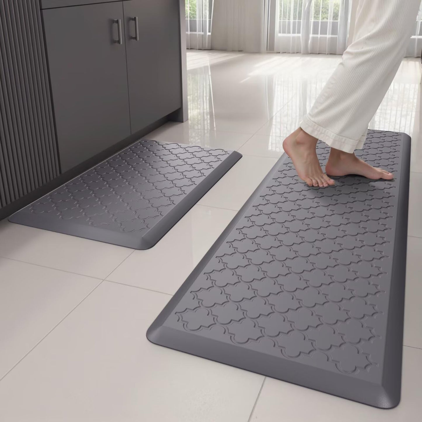 StepAura Kitchen Mats for Floor 2 Piece - Anti Fatigue Mats for Kitchen Floor - Non Slip Cushioned Rugs for Standing, Office, Sink, Laundry, Grey