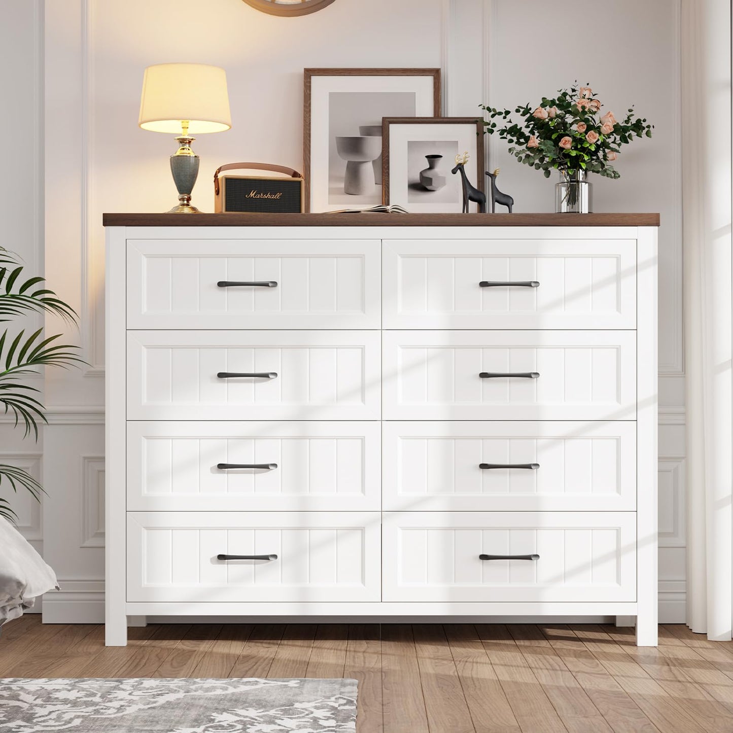 Jocoevol Farmhouse Dresser 8 Drawer Dresser for Bedroom, Large Wooden Dressers Double Grey Dresser with Deep Drawers Dressers for Hallway, Entryway (White and Brown)