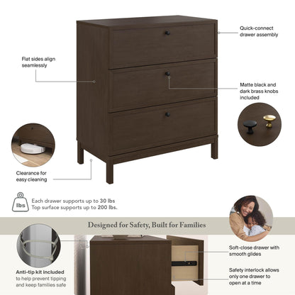 Bush Home 3 Drawer Dresser, Chest of Drawers Storage Organizer for Bedroom and Nursery Organization, Avery Collection, Chocolate Birch