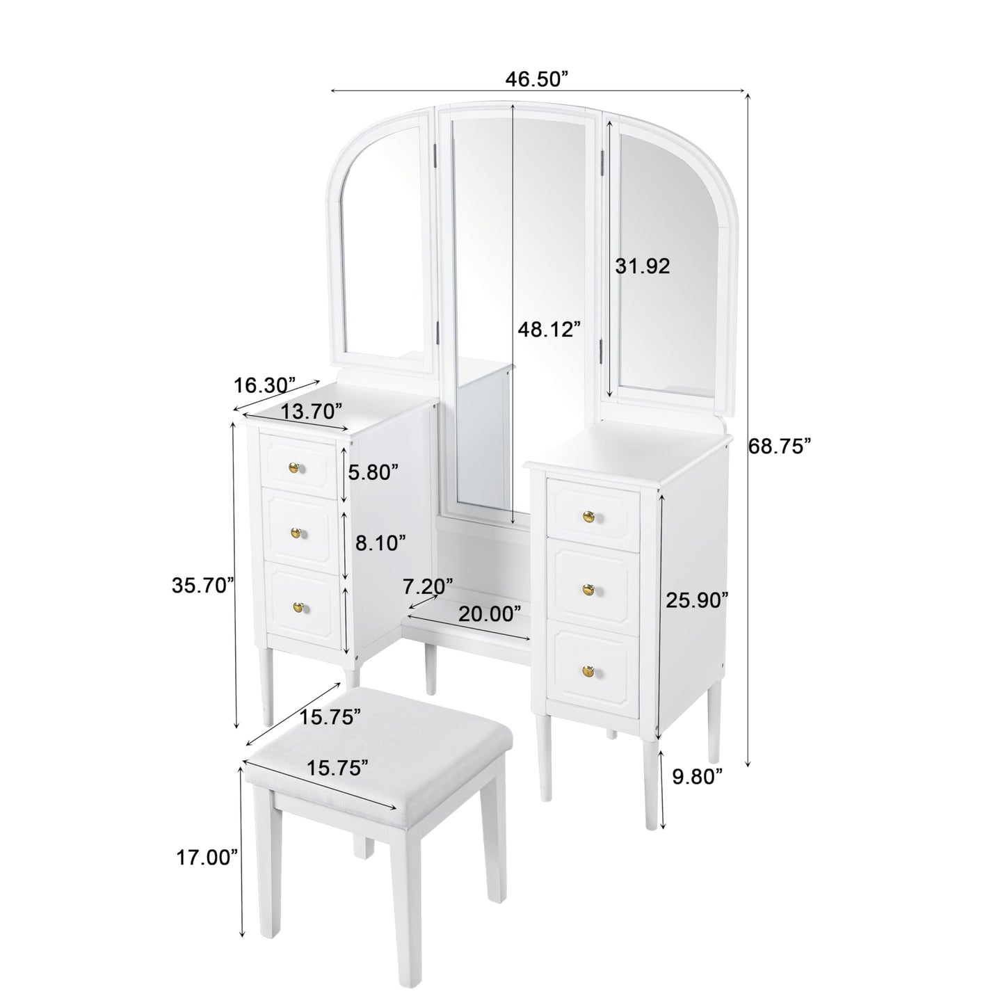 Merax Antique Vanity Desk with Triple Mirror, 46" Makeup Vanity Set with Cushioned Stool, Large Dressing Table with 6 Storage Drawers for Bedroom Dressing Room, White