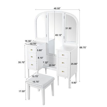 Merax Antique Vanity Desk with Triple Mirror, 46" Makeup Vanity Set with Cushioned Stool, Large Dressing Table with 6 Storage Drawers for Bedroom Dressing Room, White