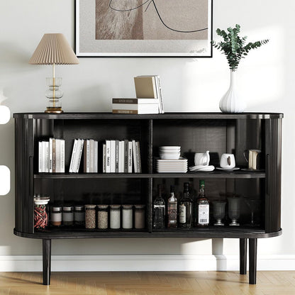 AraSyleon Mid-Century Modern Buffet Cabinet with Fluted Tambour Sliding Doors, 55'' Sideboard with 4 cabinets, Ample Storage for Dining Room & Living Room, Walnut Finish, Black