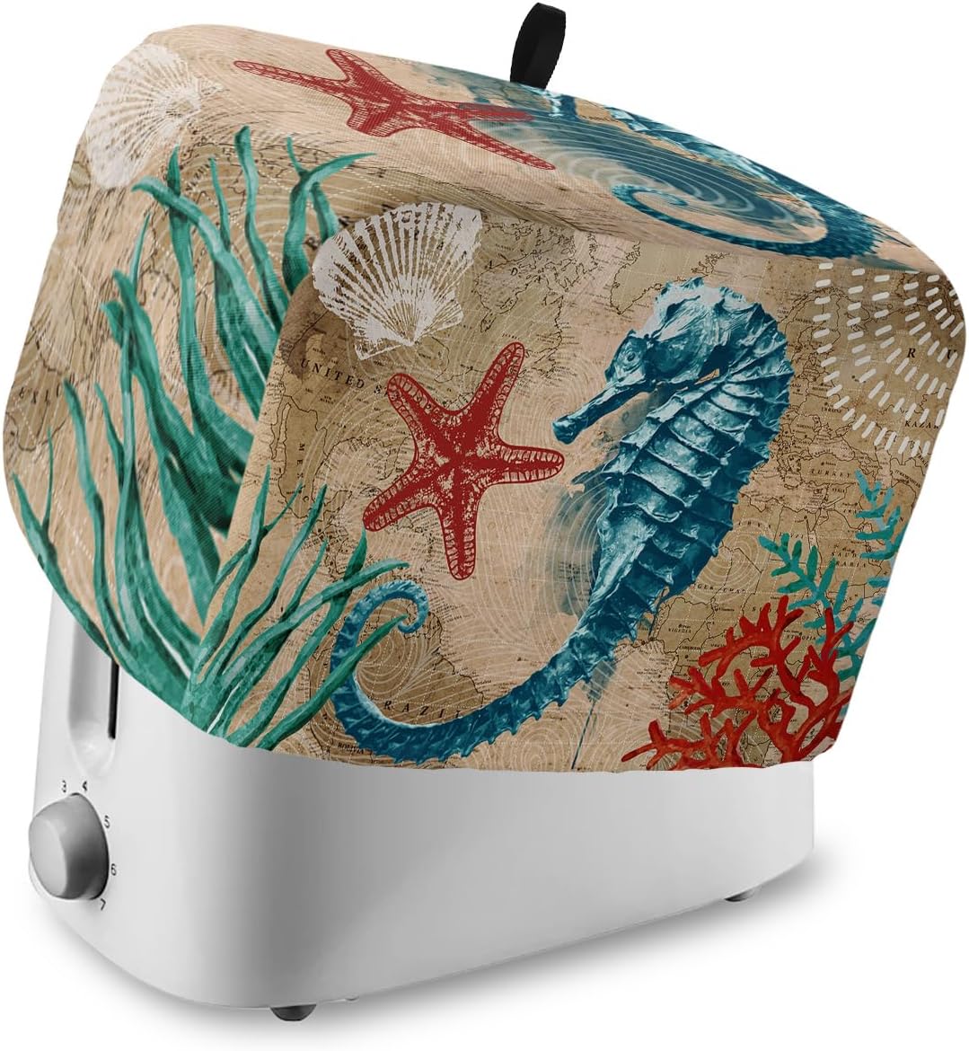 Nautical Theme Toaster Dust Cover with Pockets, Blue Seahorse and Seaweed Soft Washable Cover for 4 Slice Toaster