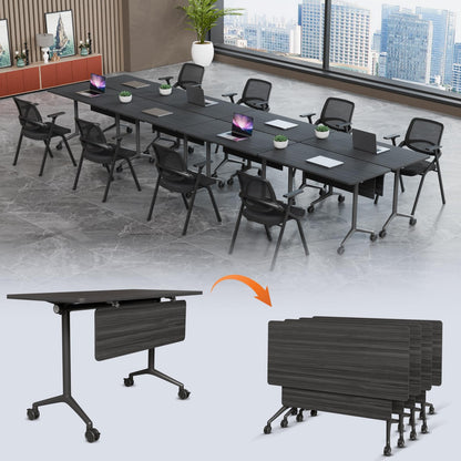 Modular Folding Conference Room Table with Wheels - 4 Pack Flip Top Mobile Training Table,Modern Meeting Tables 2-30 Person,Black,55.1"x21.6"x29.5"