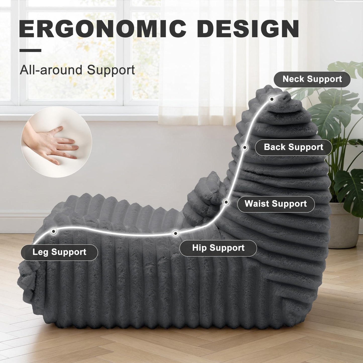 ZOOVEE Giant Bean Bag Chair with Lumbar Pillow, Memory Foam Filled Oversized Floor Sofa for Adults, Comfy Fireside Lounge Chair for Apartment, Living Room, Bedroom, Reading (Grey)