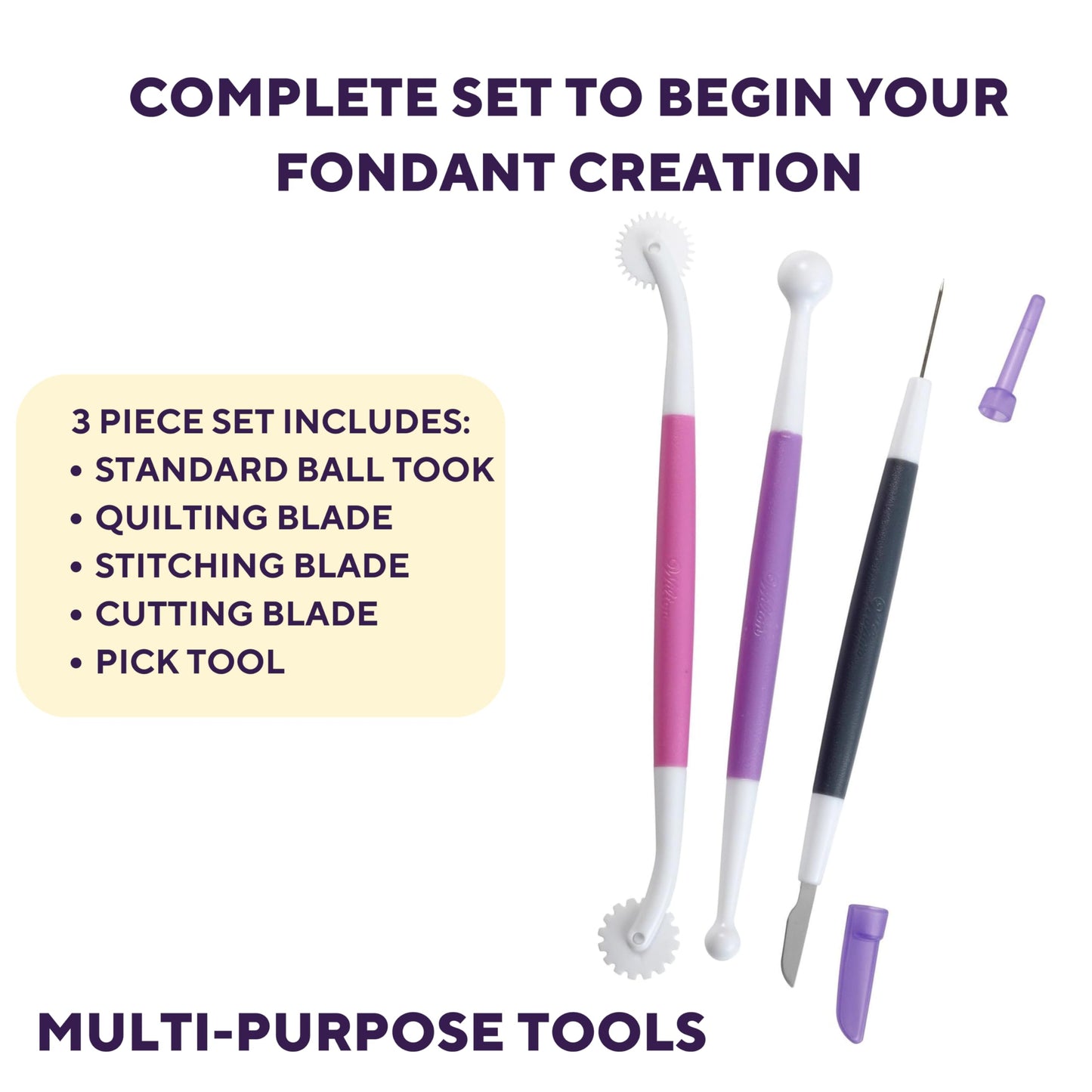 Wilton Fondant and Gum Paste Tools Set, 3-Piece Cake Decorating Tool Kit with Ball Tool, Quilting Tool & Cutting Blade/Pick